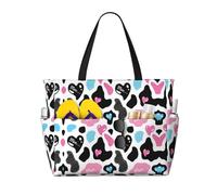 Cow Hide with Hearts Moo Love Print Large Waterproof Beach Tote Bag for Women with Zip and Pockets Foldable Handbag for Travel Pool Shopping Holiday Gym