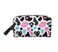 Cow Hide with Hearts Moo Love Print Portable Travel Toiletry Storage Bag Large Capacity 600D Polyester Cosmetic Storage Bag