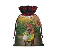 Cow In Sunflowers Christmas Drawstring Linen Gift Bag Paired With Scottish Plaid Fabric, With A Delicate And Simple Texture