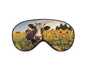 Cow in Sunflowers Sleep Mask Light Blocking Eye Cover Polyester Eye Mask with Elastic Strap Blindfold for Side Sleeper Sleeping Masks Face Hugging for Women Men Travel