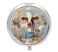Cow in The Kitchen Pill Case with 3 Compartments - Portable Travel Pill Organizer for Purse, Easy-Open Button Design, Small Round Pillbox Vitamin Holder Organizer for Women Men