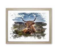 Cow in the Meadow No.1 V3 Modern Framed Print | A3 Oak Framed Wall Art | Ready to Hang | Modern Animal Picture | Living Room Bedroom Lounge Office