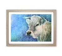 Cow in The Meadow with Blue Light Painting Framed Print | A2 Oak Framed Wall Art | Ready to Hang | Modern Animal Picture | Living Room Bedroom Lounge Office