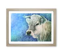 Cow In The Meadow With Blue Light Painting Modern Art Framed Print | A3 Oak Framed Wall Art | Ready to Hang | Modern Animal Picture | Living Room Bedroom Lounge Office