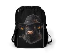 Cow in Witch Hat Trendy Drawstring Backpack Lightweight Gym Bag with Shoes Compartment Printed String Daypack