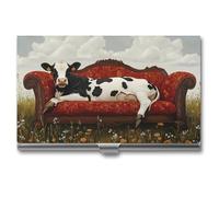 Cow Lies on Couch Printed Business Card Holder for Women Men Metal Slim Credit Card Case Wallet Pocket Purse