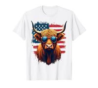 Cow Lover USA Flag 4th of July Dairy Farming Highland Cow T-Shirt