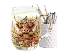 Cow Mug - Cute Glass Drinkware with Handle Rural Farm Decoration | Ice Cream Drink Cups and Drinking Glasses - For Tea, Water, Juice, Cappuccino, Drink, Kitchen, Home