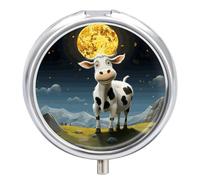 Cow Over The Moon Pill Box, 3 Compartment Small Pill Case Waterproof Travel Pill Organizer for Pocket Or Purse Portable Mini Medicine Tablet Vitamin Holder Pill Case