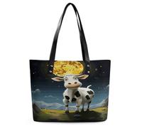 Cow over The Moon Tote Bag Large Soft Leather Purse with Zipper Lightweight Ladies Shoulder Handbag