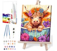 Cow Paint by Number Kits for Adults with Framed Canvas&Wooden Easel, DIY Adult Painting by Number Kit, Highland Cow Flower Oil Acrylic Painting by Number for Beginners, Arts and Crafts for Home Decor