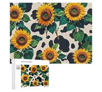 Cow Patterned Sunflower Puzzle for Adults Wooden Jigsaw Puzzle for Mother's Day Premium Puzzle with Unique Art Design Challenging Brain Teaser Birthday Gift for All Ages 500 PCS