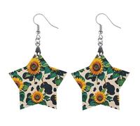 Cow Patterned Sunflower Wooden Earrings for Women, Vintage Elegant Wood Jewelry, Lightweight Earrings for Wedding, Party, Everyday Jewelry Gift, Star, Wood, wood