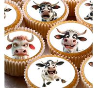 Cow Pre-cut Edible Wafer Cupcake Toppers, Round Farm Animal Cake Decoration x 24