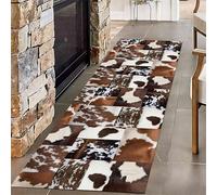 Cow Print Area Rug, 60x120cm, Animal Theme Geometric Stitching Luxury Black Brown Cowhide Washable Runner Rug, Non-Slip Comfortable Indoor Long Carpet for Entrance Dormitory Office Decoration