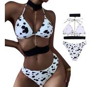 Cow Print Bikini Chain Strap Halter String Triangle Bikini Sets Sexy Cosplay Bra and Panty Set Swimsuits Bathing Suit Two Piece