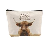 Cow Print Canvas Makeup Bag with Zipper Closure - Farmhouse Style Cosmetic Pouch for Travel Toiletry Storage, Cute Cow Pattern Rectangular Bag, Durable Natural Beige Fabric with Hello Sweet Cheeks