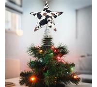 Cow Print Christmas Tree Top Star with Metal Spiral Base Cute Fabric Star Christmas Tree Topper Decorations Indoor (White, 25cm*32cm)