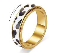 Cow Print Fidget Spinner Ring for Women - 18K Gold Plated Stainless Steel Rotating Band,Black & White Enamel,Anti-Anxiety Stress Relief Jewelry for Work Travel Home,Hypoallergenic,Birthday Gift