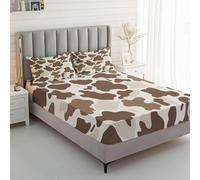Cow Print Fitted Sheet Single Bed, with 1 Pillowcase - Brown White Milk Cow Bed Sheets & Bedroom Decor & Gift, 30 cm Deep Pocket, Soft Brushed Microfiber Bedding - SWJ5652