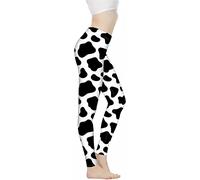 Cow Print High Waist Yoga Pants Black and White Texture Cow Pattern Cowhide Pattern Sports Gym Running Leggings Cute Farm Animal Skin Print Workout Pants Full Length Tummy Control for Women Girls(L)