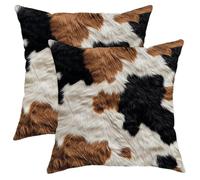Cow Print Pillow Covers Set of 2, Brown and Black Faux Fur Throw Pillows Case, Rustic Decorative Square Farmhouse Decor Cushion Covers for Home Sofa Bed Couch 16x16 Inch
