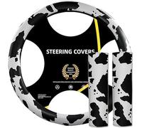 Cow Print Steering Wheel Cover, AUTOXBERT Leather Steering Wheel Cover Set Universal 15Inch Car Steering Wheel Protctor Anti-Slip Cute with 2 Pcs Seat Belt Shoulder Pad for Men Women & Girls