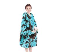 cow print Wearable Blanket Hoodie Turquoise Fleece Sweatshirt Blanket with Giant Hood Pocket and Sleeves Teal Blue Birthday Gifts for Men Women