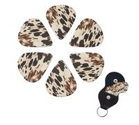 Cow Printed Guitar Picks 6 Pack, 0.96mm Thickness Celluloid Bass Pick with Leather Guitar Pick Holder Keychain Abstract Art Pics Plectrum for Acoustic Electric Guitar, Ukulele, Bass