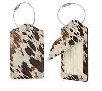 Cow Printed Luggage Tag 2 PCS PU Leather Suitcase Tags Identifiers Travel Tags with Privacy Protection and Stainless Steel Loop Luggage Bag Tag for Women Men