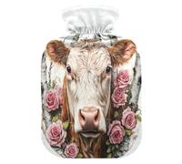 Cow Roses White Pattern Hot Water Bottle with Cover for Pain Relief Feet and Bed Warmer for Menstrual Cramps, 2L