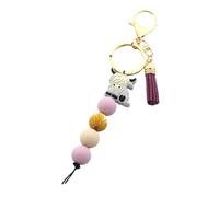 Cow Shaped Keychain With Tassels Silicone Bead And Animal Keyring Pendant Decorative Bag Charm Backpack Decoration Unique Keychain Gift