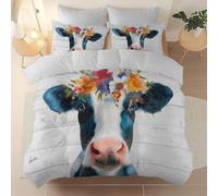 Cow Single Duvet Cover Set, Flowers Bedding Sets with Zipper Closure, Soft Cozy Microfiber Duvet Cover and 2 Pillow Cases 50 x 75 cm A303