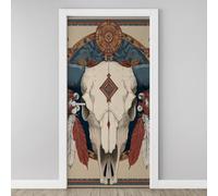 Cow Skull 3D Door Stickers Self Adhesive, Traditional Navajo Ethnic Wallpaper Peel and Stick, Geometric Indian Tribe Door Murals, PVC Waterproof Door Decal for Bedroom Living Room 77x200 cm Y5h121