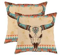 Cow Skull Throw Pillow Covers Set of 2, Rustic Western Aesthetic Decorative Cushion Cases, Farmhouse Style Decorative Pillows for Home Sofa Couch Decor 18x18 Inch