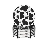 Cow Spots Print,Round Ceramic Coasters, Mugs Pad, Cups Mat Set of 6 Drinks Coasters With Holder