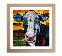 Cow Stained Glass Effect Framed Print | 18x18 Inch Oak Framed Wall Art | Ready to Hang | Modern Animal Picture | Living Room Bedroom Lounge Office