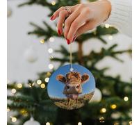 Cow Sticking Out Tongue Ceramic Christmas Ornaments - 2.8 Inch Rustic Round Xma Tree Decor with Hanging String, Personalized Vintage Double-Sided Holiday Party Decorations for Xmas Gifts