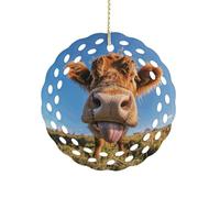 Cow Sticking Out Tongue Ceramic Christmas Ornaments 3 Inch Round Double-Sided Xmas Tree Decorations Pendant with Gold Ribbon for Home Holiday Decor, Gift for Family & Friends