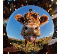 Cow Sticking Out Tongue Ceramic Christmas Ornaments - 4 Pcs Rustic Round Xma Tree Decor with Hanging String, Personalized Vintage Double-Sided Holiday Party Decorations for Xmas Gifts