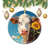 Cow Sunflowers Ceramic Christmas Ornaments 3 Inch Vintage Hanging Baubles with Gold String for Xmas Tree Decorations Holiday Party Yard Garden Home Decor Festive Keepsake Gift Exchange