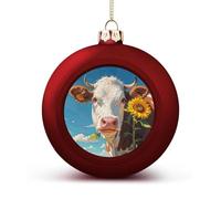 Cow Sunflowers Christmas Tree Ornaments 1.6 Inch Shatterproof Pc Plastic Balls with Lanyard Baubles Hanging Christmas Ball Ornaments for Xmas Tree Holiday Party Wedding Home Decorations-red