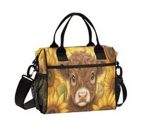 Cow Sunflowers Golden Lunch Bag for Women Men Reusable Insulated Lunch Box for Adult Kids Large Capacity Lunchbox Cooler Tote Bag with Adjustable Strap for Work Office Outdoor Travel