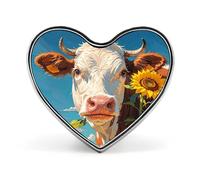 Cow Sunflowers in Blue Brooch Elegant And Graceful Heart Lapel Pin Heart Shape Pinback Button Badge Love Printed Cute Badge Button Pin Fashion Broochs for Backpack Jacket Clothes