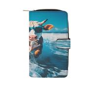 Cow Surfing with Glasses Leather Bifold Organizer Wallet with Zipper Pocket Multifunctional Credit Card Holder