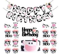 Cow Theme Birthday Party Decorations - 14Pcs Glitter Farm Animal Cupcake Topper with Happy Birthday Banner for Kids' Birthdays & Baby Showers Cake Decorations Supplies