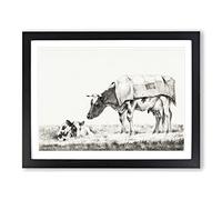 Cow With Its Calf By Jean Bernard Vintage Framed Print | A4 Black Framed Wall Art | Ready to Hang | Classic Animal Picture | Living Room Bedroom Lounge Office