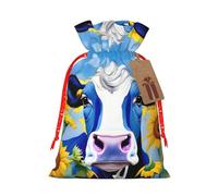 Cow With Sunflowers In Blue Print Christmas Bag Holiday Present Sack Xmas For Seasonal Decor Gift Wrapping