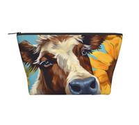Cow with Sunflowers in Blue Printing Trapezoid Makeup Bag for Women Girl Large Capacity Portable Travel Cosmetic Bag Makeup Pouch Organizer