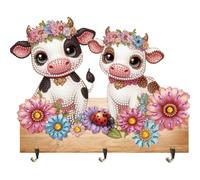 Cow Wood DIY Diamond Painting Hanging Hook No Hole Punching Wall Decoration,for Adults Kids Beginners, with Rhinestones, Decorative Home Office Wall Decor Craft Set